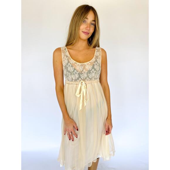 Vintage Sheer Lace Midi Dress Set - Cream Lingerie Slip & Jacket - Picture 2 of 9